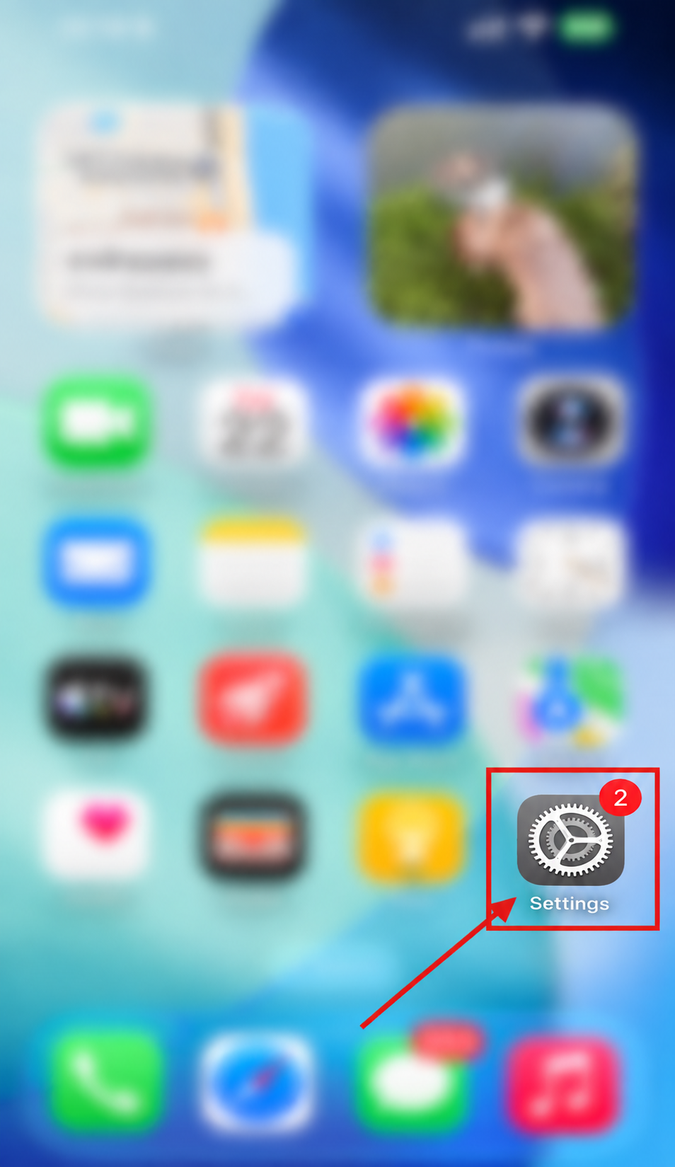 ขั้นตอน 4: เปิดแอป Settings พร้อมลูกศรแสดงตำแหน่งที่ต้องกด