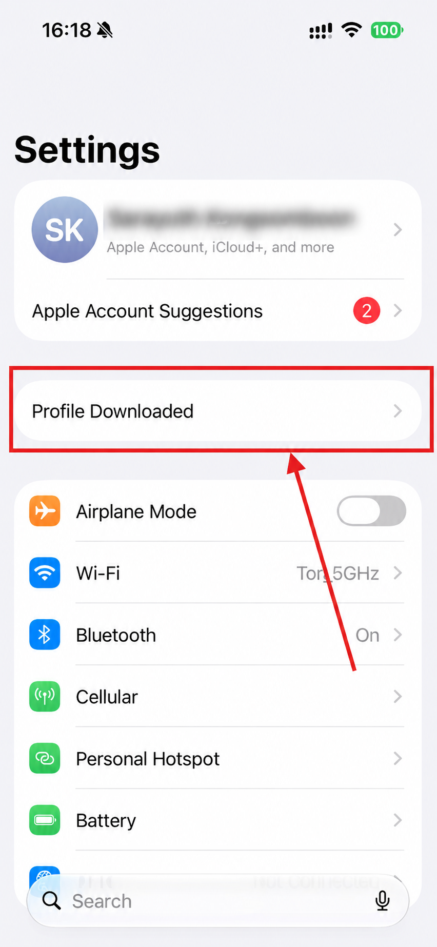 ขั้นตอน 5: เลือก Profile Downloaded พร้อมลูกศรแสดงตำแหน่งที่ต้องกด
