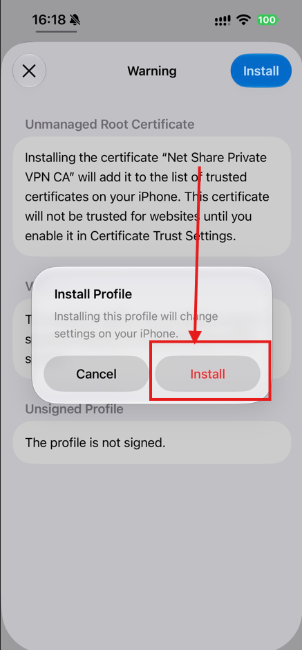 ขั้นตอน 8: ยืนยัน Install อีกครั้ง พร้อมลูกศรแสดงตำแหน่งที่ต้องกด